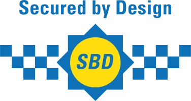 A yellow circular logo with the letters "SBD" in blue, surrounded by a blue star shape, on a background that includes black and white checkered patterns. The text above reads "Secured by Design" in bold blue letters.